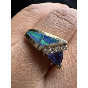 Designer NGL 14k Yellow Gold Genuine Australian Opal Tanzanite Diamond Ring